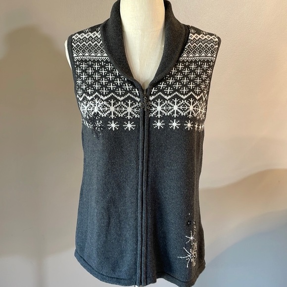 Vintage BRECKENRIDGE woman’s petite grey snowflake sweater zippered Vest size PM - Picture 1 of 13